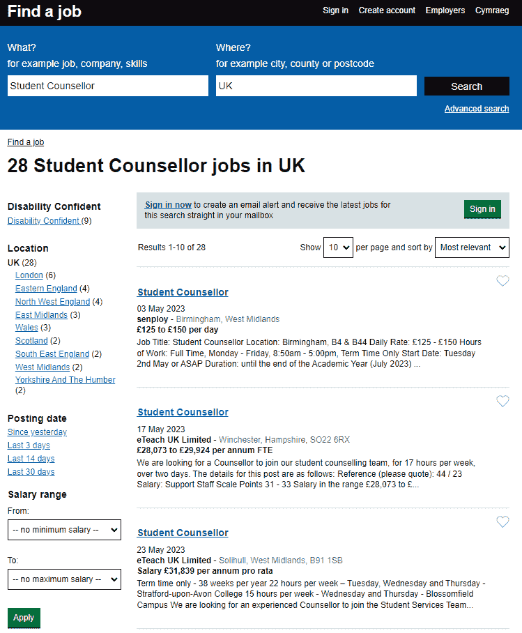 UK Gov Student Counselling Jobs